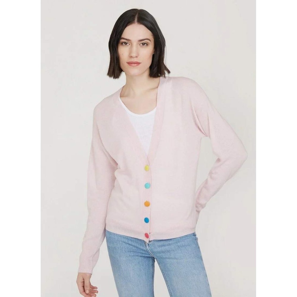 Boden Womens V-Neck Cardigan Sweater Pink Rainbow Buttons Sz 4 Twee Chic Kawaii - Picture 8 of 9